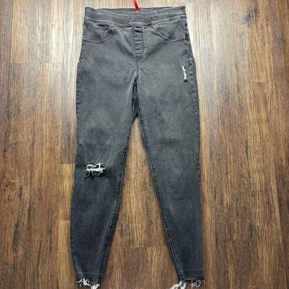 Spanx Skinny Pull On Jeans High Rise Destroyed Black Women’s Size Large
